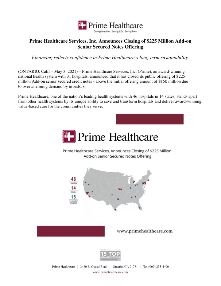 prime healthcare services inc announces closing