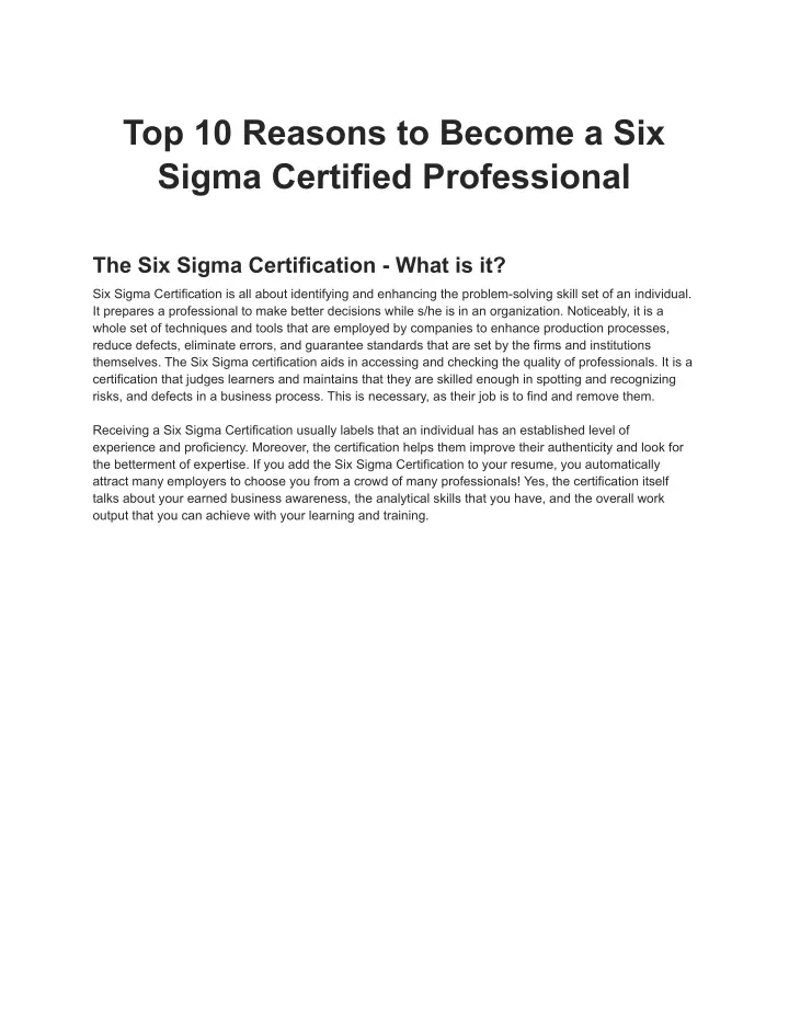 top 10 reasons to become a six sigma certified