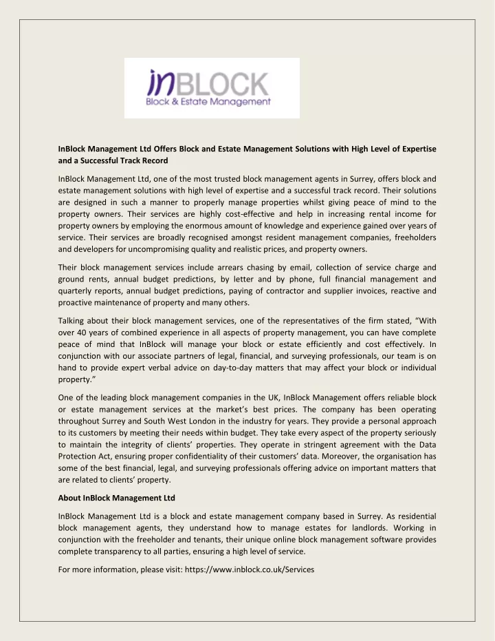 inblock management ltd offers block and estate