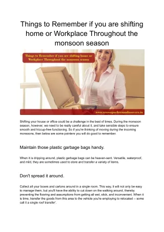 Things to Remember if you are shifting home or Workplace Throughout the monsoon season