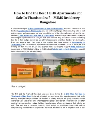 How to find the Best 2 Bhk Apartments For Sale In Thanisandra-MIMS Residency
