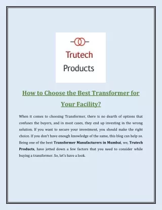How to Choose the Best Transformer for Your Facility