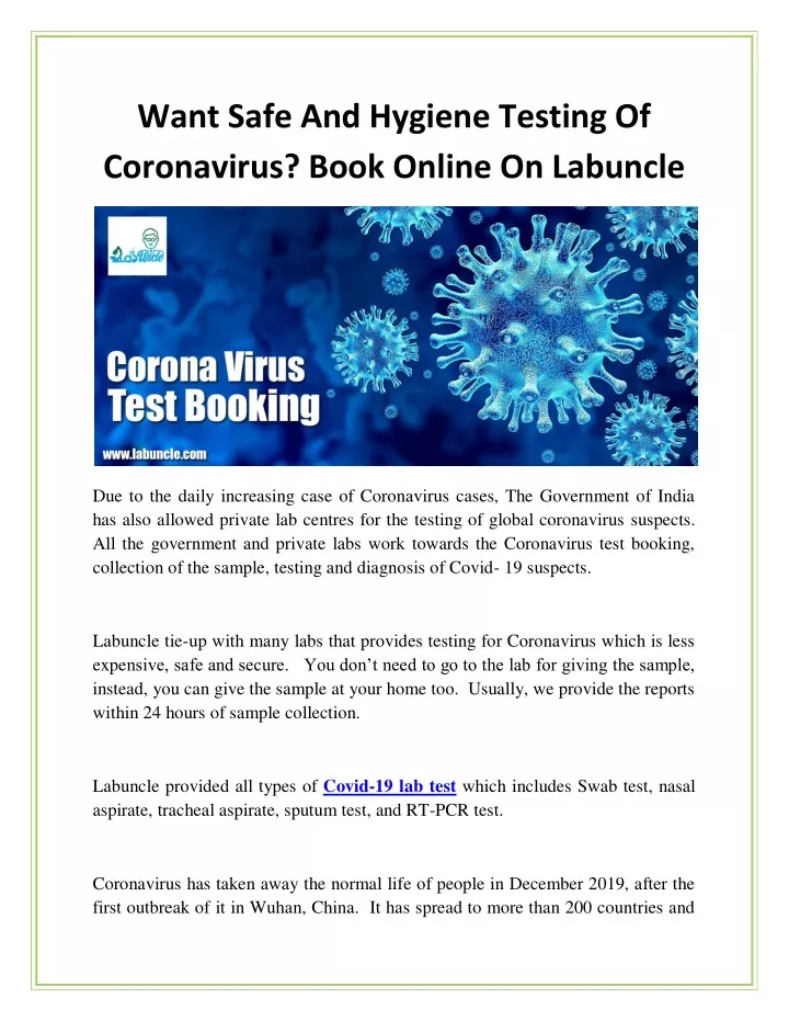 want safe and hygiene testing of coronavirus book