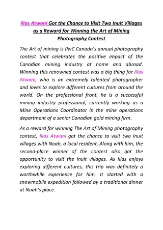 Ilias Atwani Got the Chance to Visit Two Inuit Villages as a Reward for Winning the Art of Mining Photography Contest