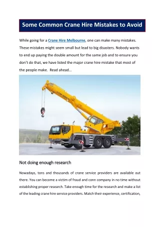 Some common Crane Hire Mistakes to avoid
