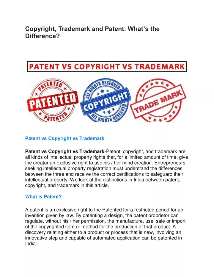 copyright trademark and patent what