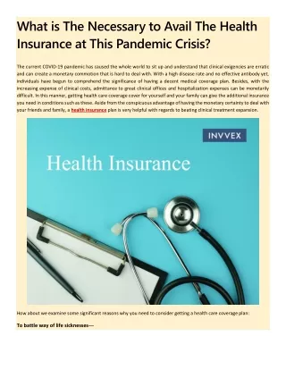 What is The Necessary to Avail The Health Insurance at This Pandemic Crisis