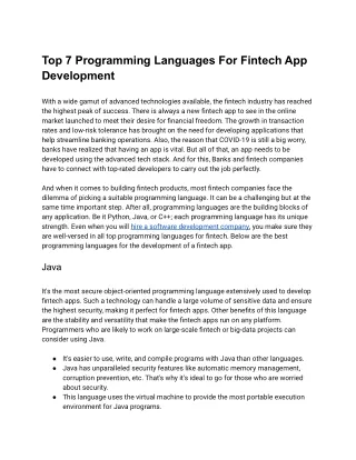 Top 7 Programming Languages For Fintech App Development