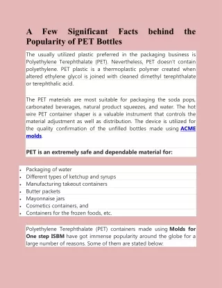 A Few Significant Facts behind the Popularity of PET Bottles