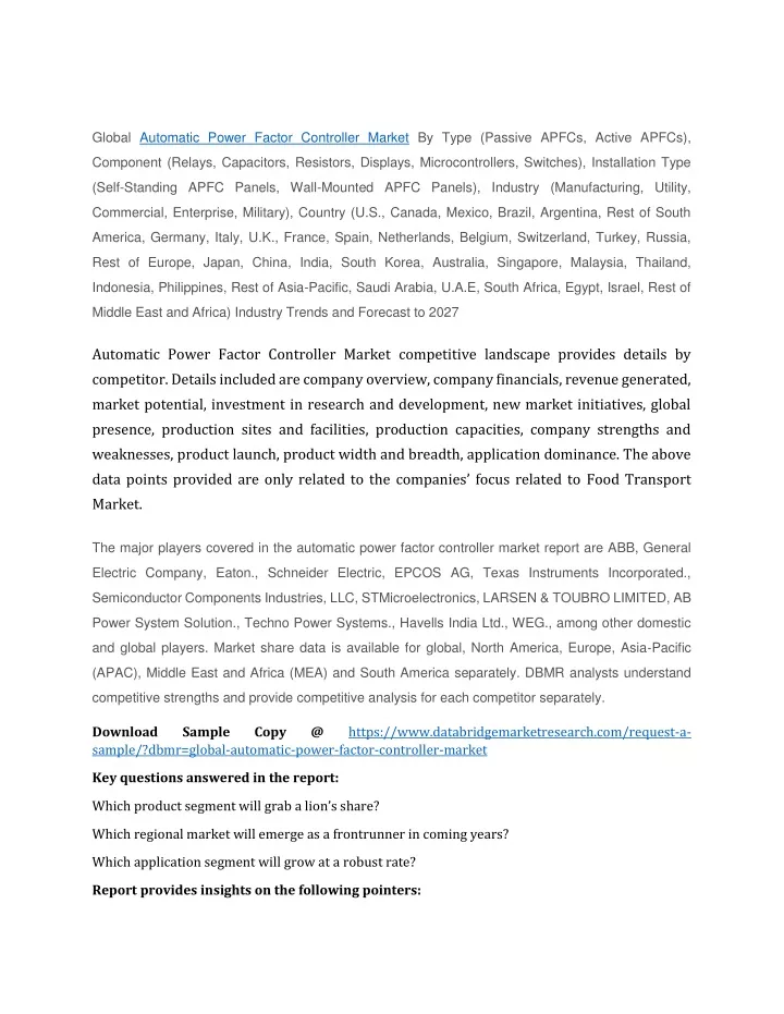 global automatic power factor controller market