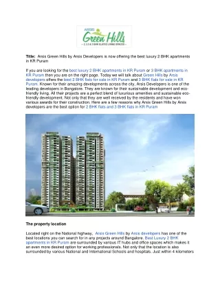 Arsis Green Hills is now offering the best luxury 2 BHK apartments in KR Puram