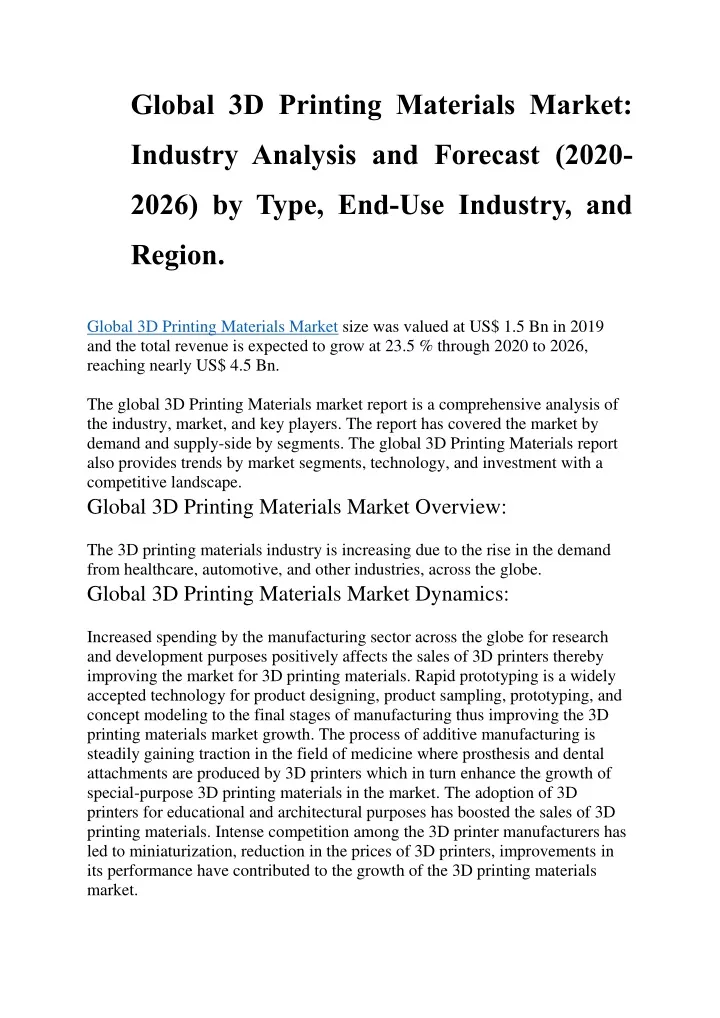 global 3d printing materials market