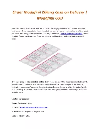 Order Modafinil 200mg Cash on Delivery | Modafinil COD