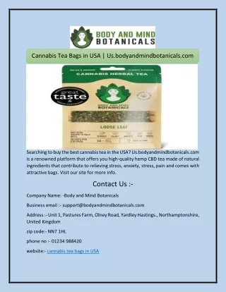 Cannabis Tea Bags in USA | Us.bodyandmindbotanicals.com