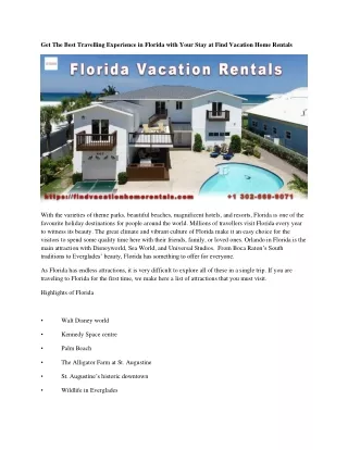 Get The Best Travelling Experience in Florida with Your Stay at Find Vacation Home Rentals