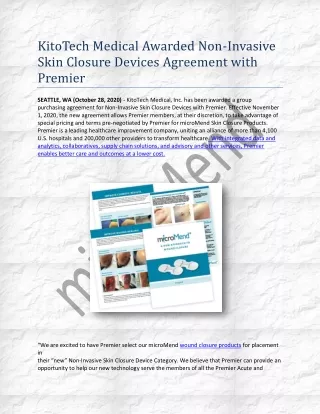 KitoTech Medical Awarded Non-Invasive Skin Closure Devices Agreement with Premier