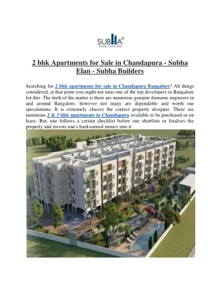 2 bhk Apartments for sale in Chandapura - Subha Elan - Subha Builders