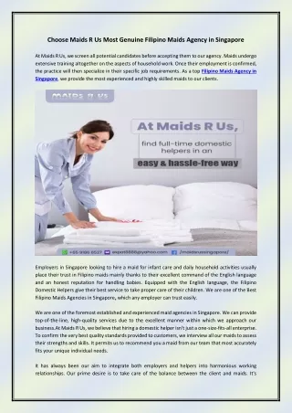 Choose Maids R Us Most Genuine Filipino Maids Agency in Singapore