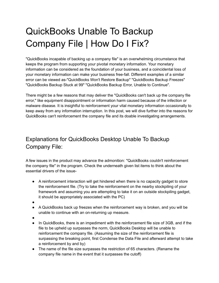 quickbooks unable to backup company file