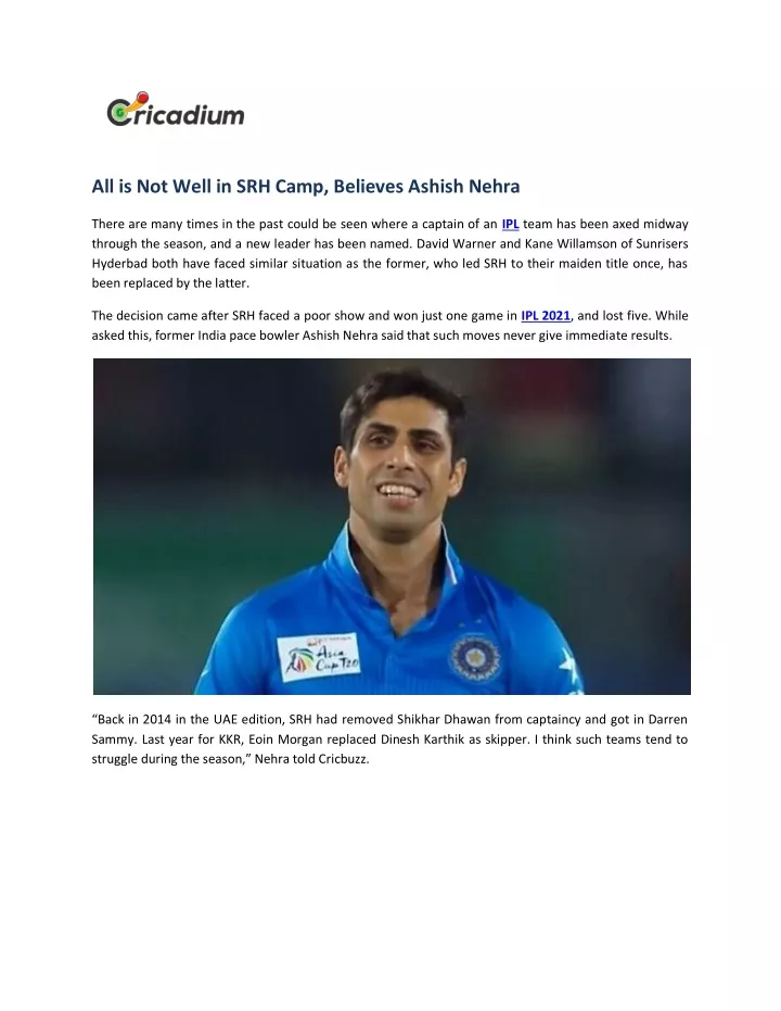 all is not well in srh camp believes ashish nehra