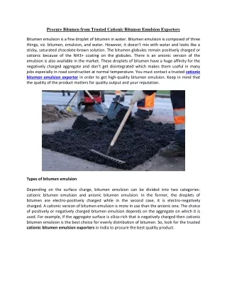 Procure Bitumen from Trusted Cationic Bitumen Emulsion Exporters