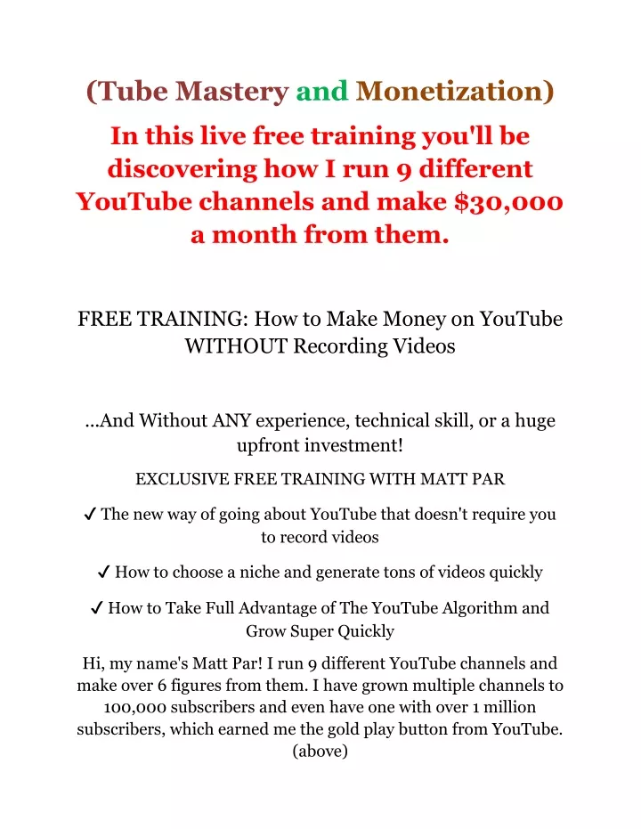 tube mastery and monetization