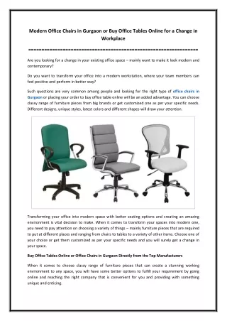 Modern Office Chairs in Gurgaon or Buy Office Tables Online for a Change in Workplace