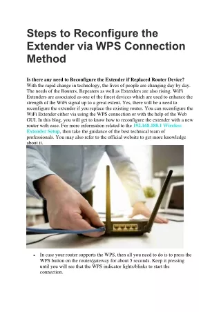 Steps to Reconfigure the Extender via WPS Connection Method