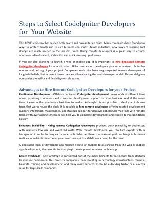 Steps to Select CodeIgniter Developers for  Your Website