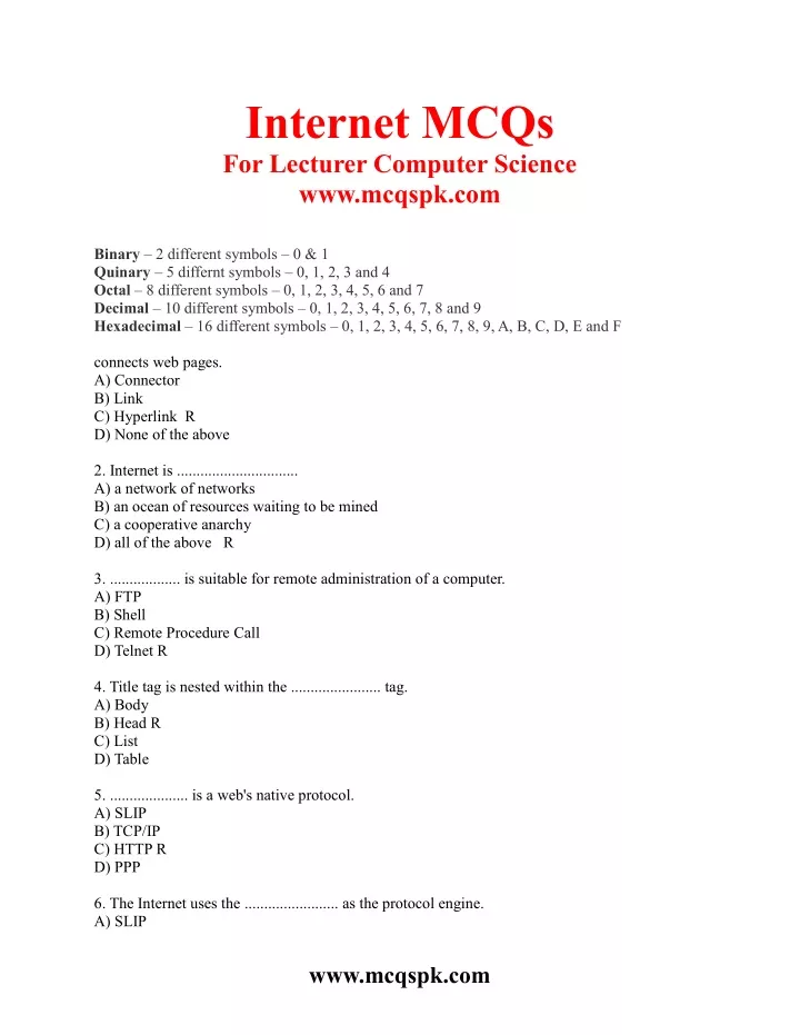 internet mcqs for lecturer computer science