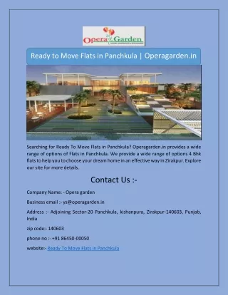 Ready to Move Flats in Panchkula | Operagarden.in