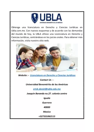Licenciatura en Derecho y Ciencias Jurídicas I UBLA - Universidad Benemérito de