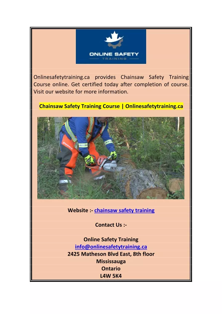 onlinesafetytraining ca provides chainsaw safety