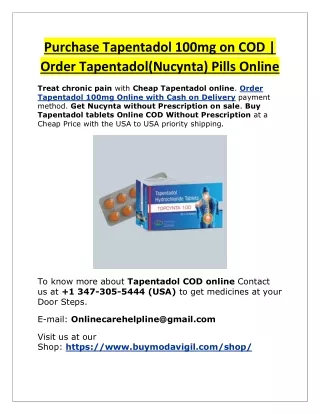 Buy Medicine Online @ 10% Off Buy Generic TapenTadol 100mg Cash on Delivery with