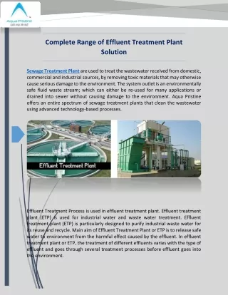 Complete Range of Effluent Treatment Plant Solution