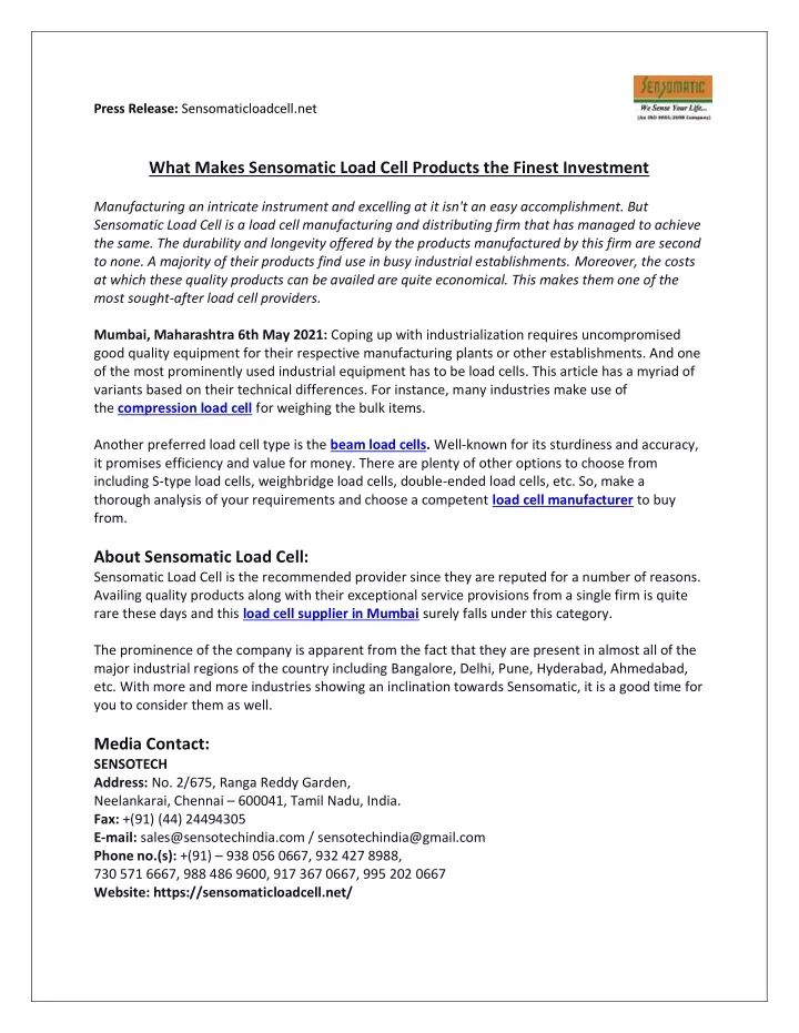 press release sensomaticloadcell net what makes