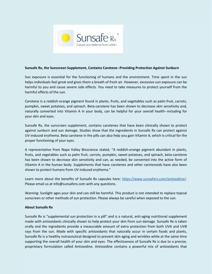 sunsafe rx the sunscreen supplement contains