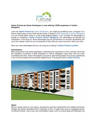 Sohan Fortune is now offering 2 BHK properties in Varthur Bangalore