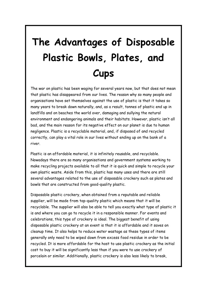 the advantages of disposable plastic bowls plates