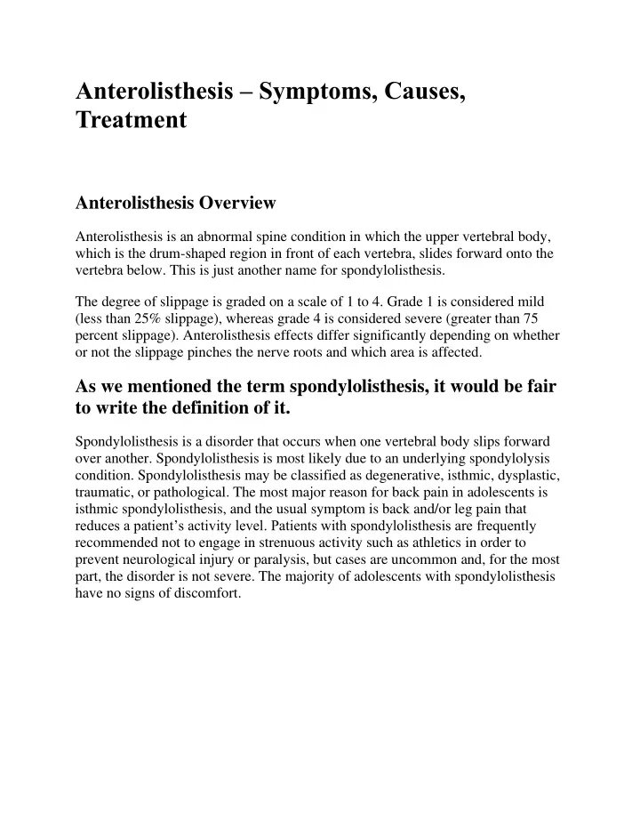 anterolisthesis symptoms causes treatment