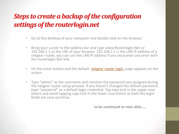 steps to create a backup of the configuration settings of the routerlogin net