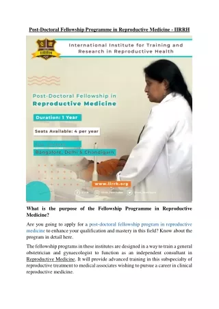 Post-Doctoral Fellowship Programme in Reproductive Medicine - IIRRH