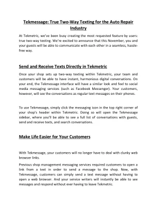 Tekmessage True Two-Way Texting for the Auto Repair Industry