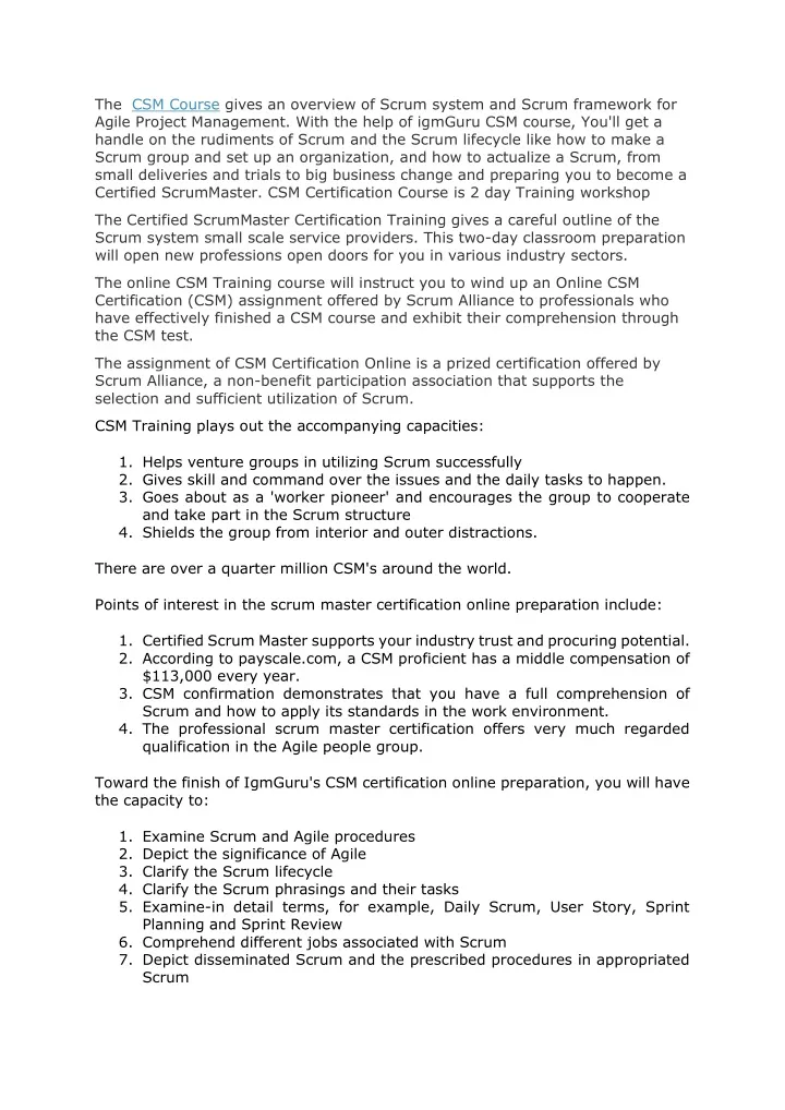 the csm course gives an overview of scrum system
