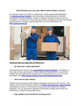 What Questions you must ask a Mover before Hiring in Toronto?