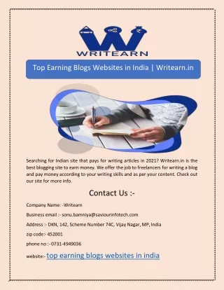 Top Earning Blogs Websites in India | Writearn.in