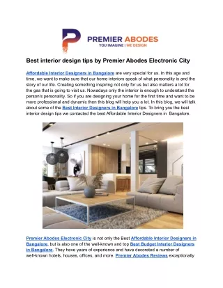 Best interior design tips by Premier Abodes Electronic City
