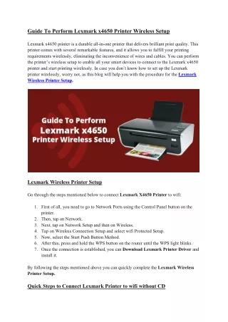 guide to perform lexmark x4650 printer wireless