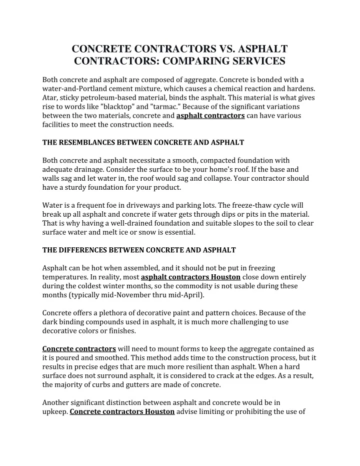 PPT - Concrete Contractors Vs. Asphalt Contractors Comparing Services ...