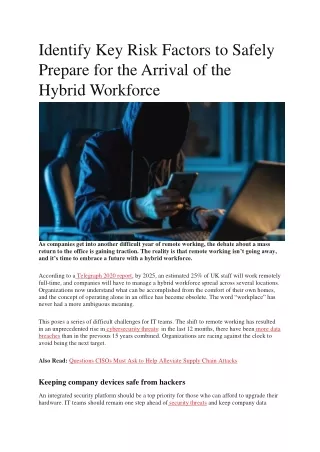 Identify Risk Factors to Safely Prepare for the Arrival of the Hybrid Workfoce
